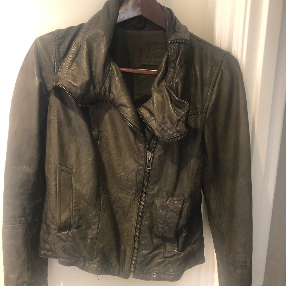 All Saints Leather Motorcycle Jacket In dark grey